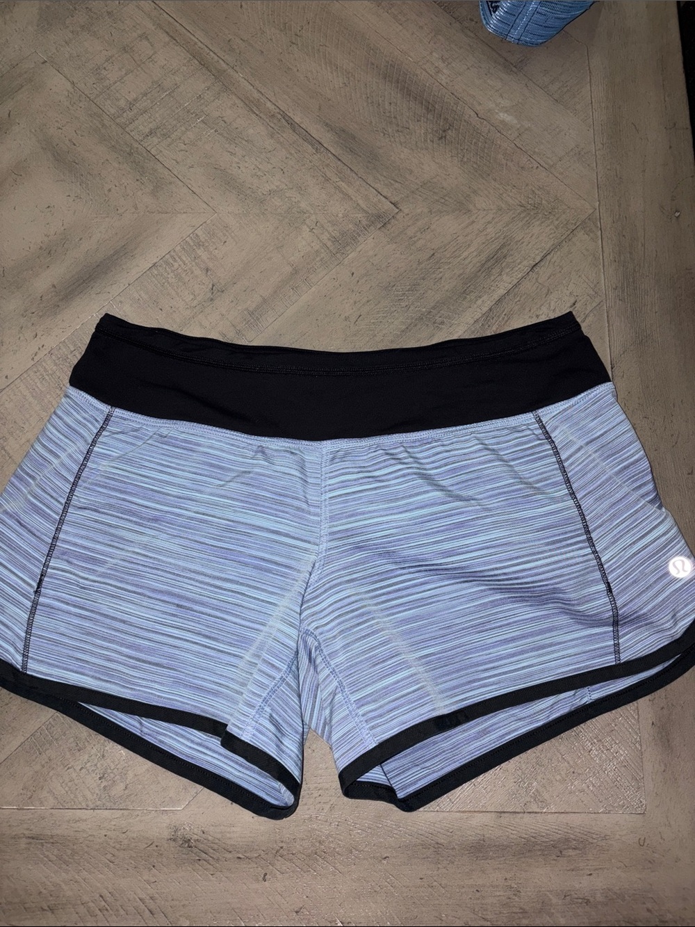 lululemon athletica Light Blue Striped Athletic Shorts with Black Waistband